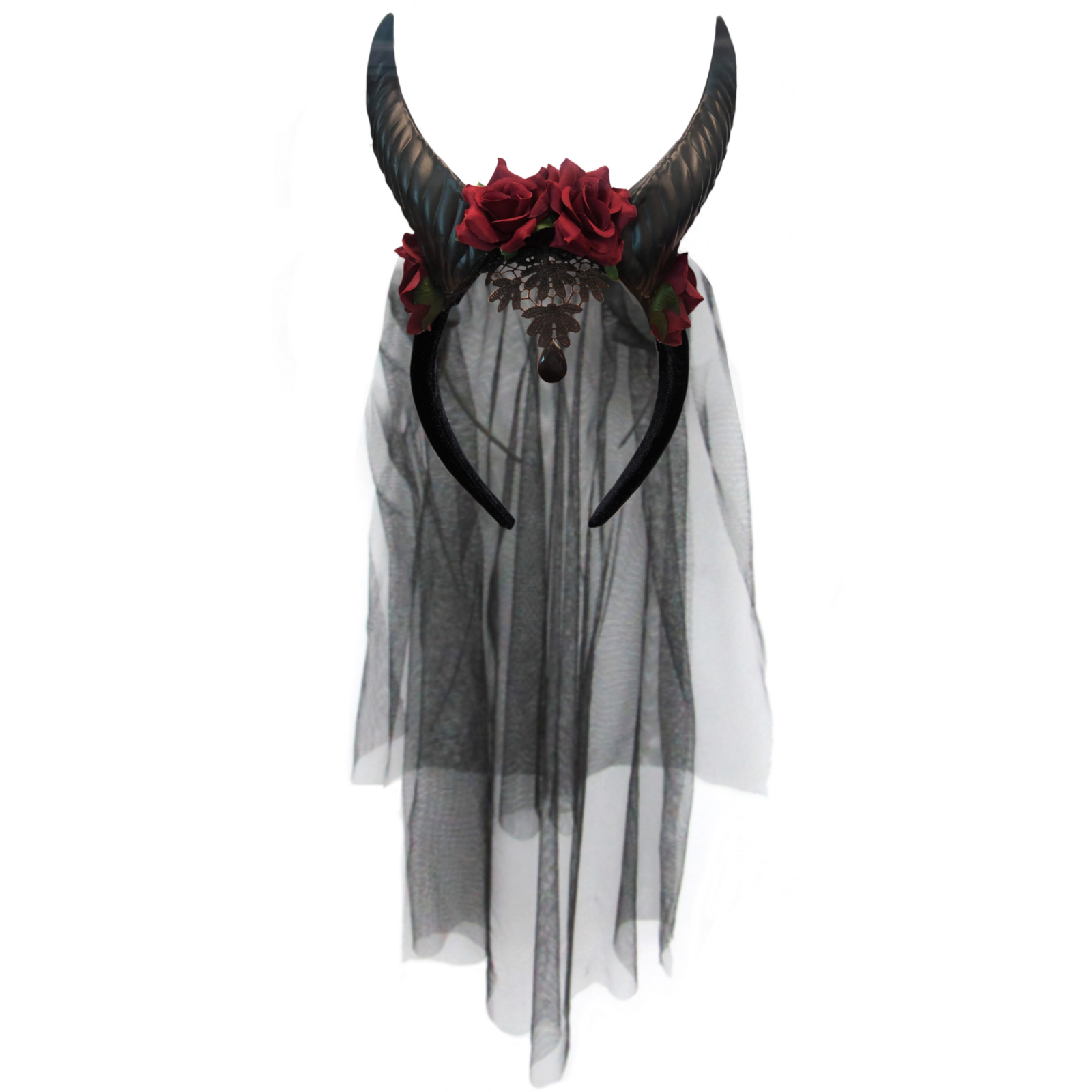 Demon Bride Horns with Roses and Black Veil