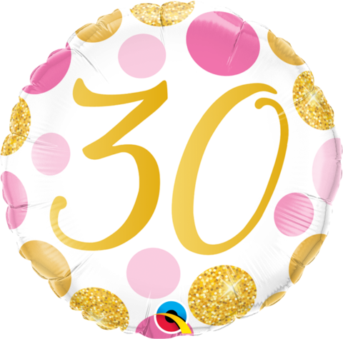 30th Pink & Gold Dots Round 18 Inch Foil Balloon