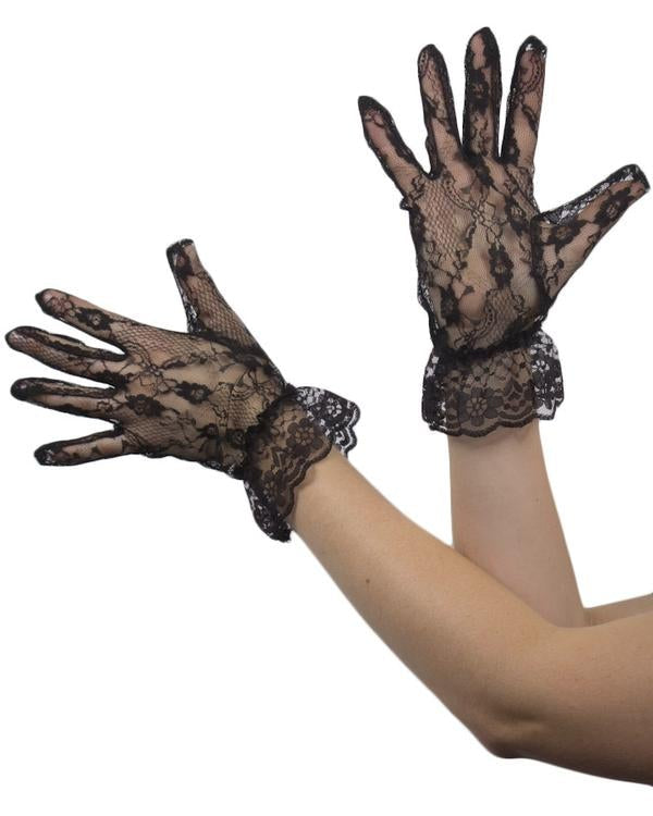 Black Wrist Length Lace Gloves with Ruffles
