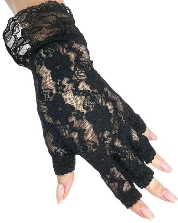 Black Wrist Length Fingerless Lace Gloves