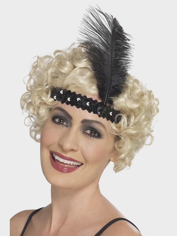 Black Flapper Headband with Feather