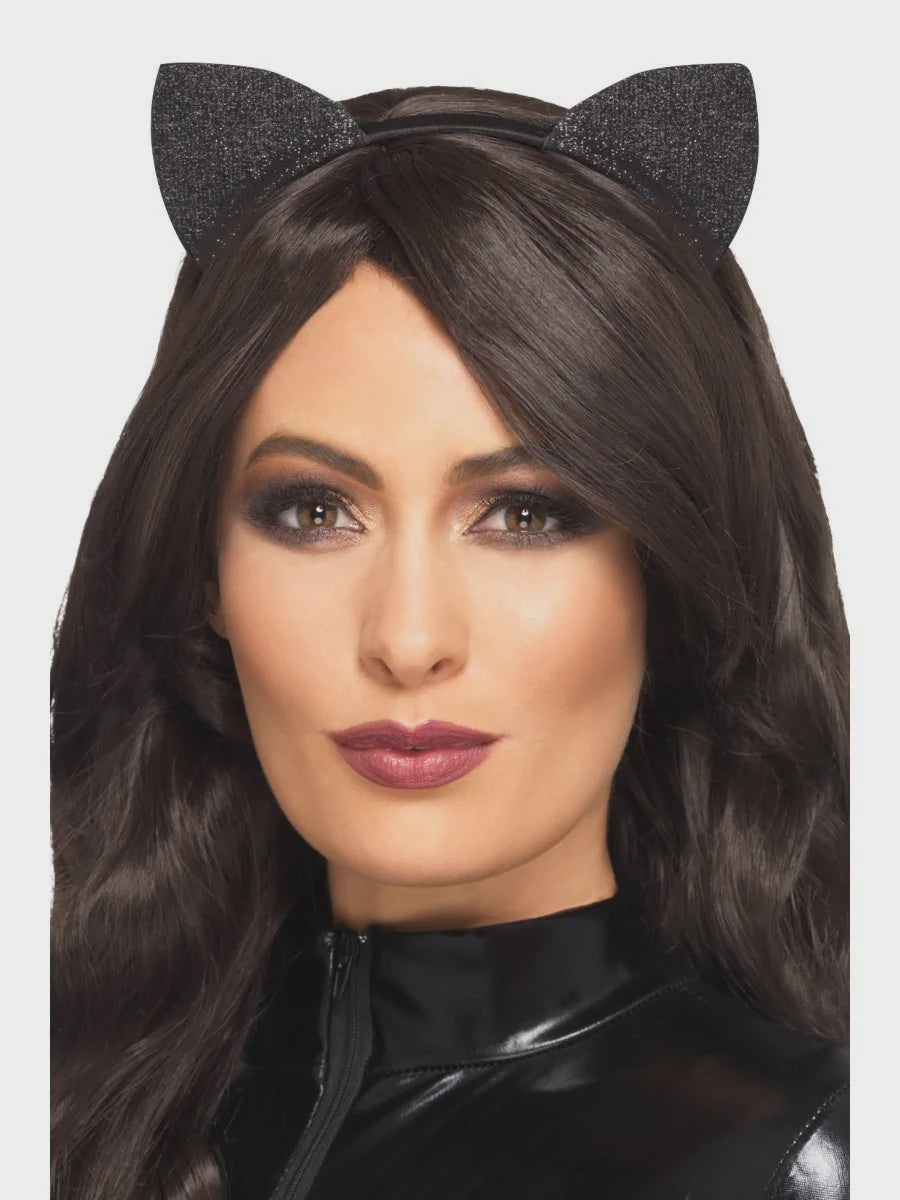 Black Glitter Vinyl Cat Ears Costume Headband