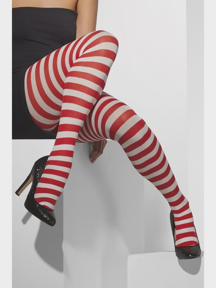 Red and White Striped Opaque Womens Tights