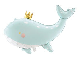 Pastel Teal Whale with Crown Supershape Foil Balloon 93x60cm