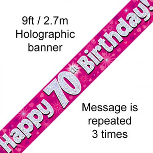 Pink Holographic Happy 70th Birthday Banner