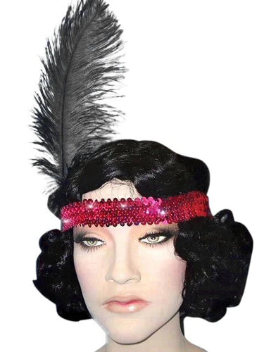 Pink Flapper Headband with Black Feather