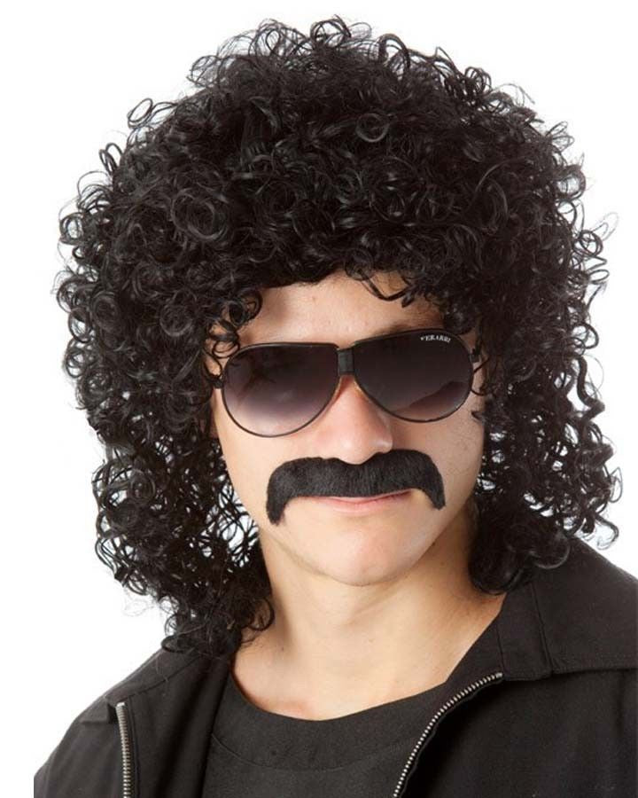 80s Man Perm Black Wig and Mo Set