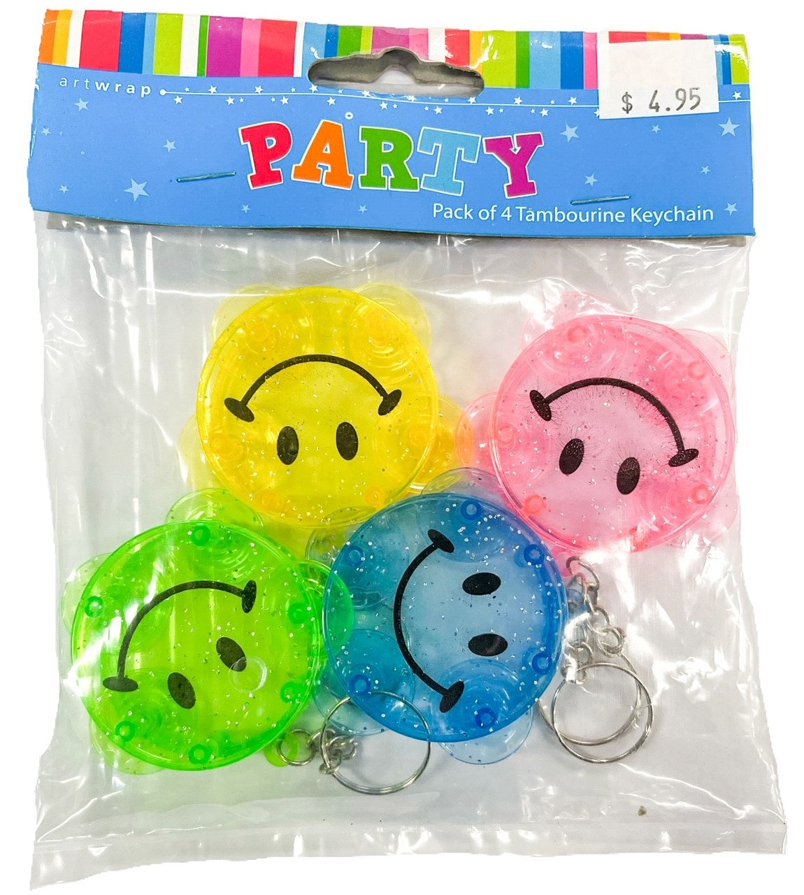 Smiley Tambourine Keychain Party Favours Pack of 4