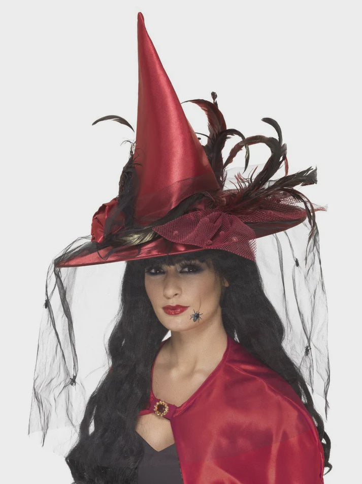Deluxe Deep Red Witch Hat with Feathers and Netting